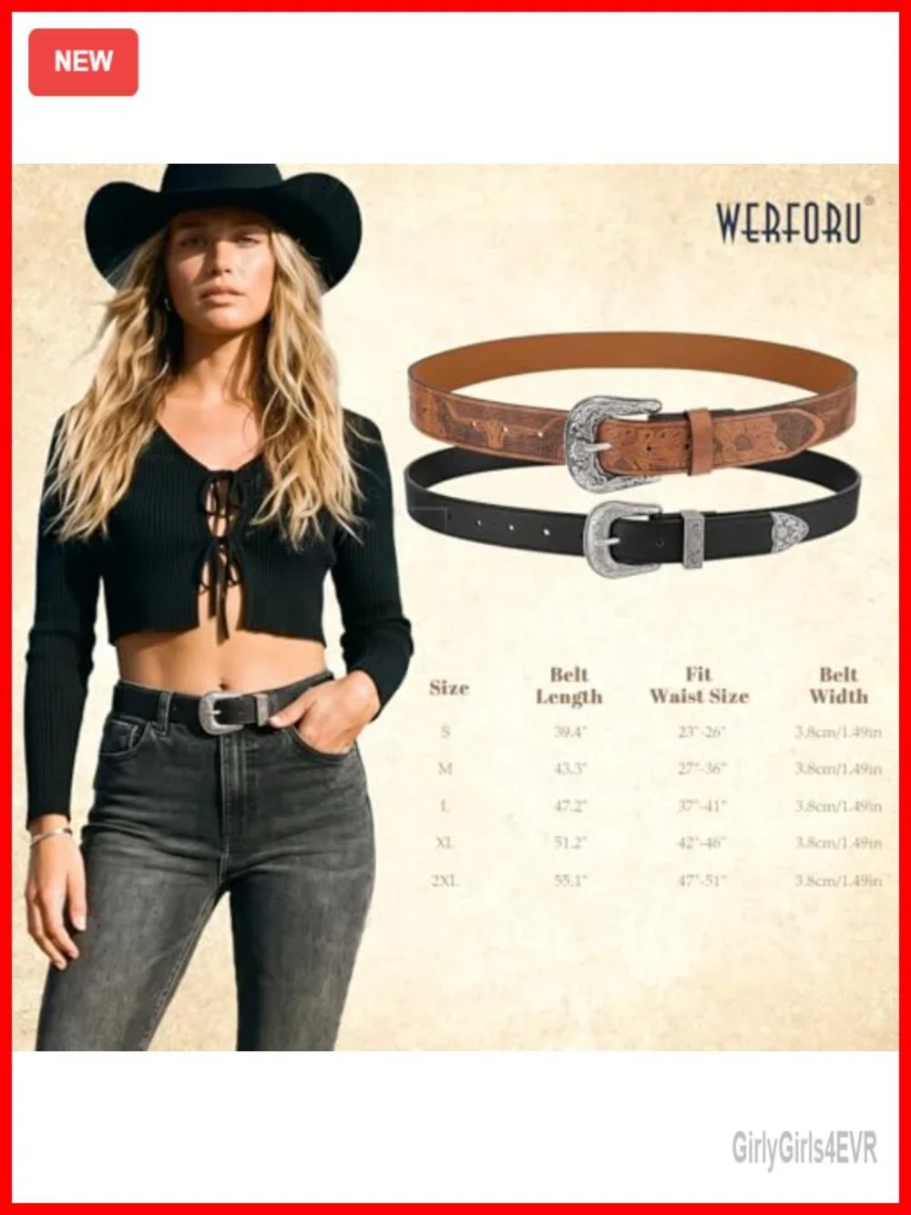 2 Pack Women Western Faux Leather Belts with Big Silver Buckle, Vintage Carved,